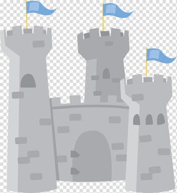 King Arthur Princess , Cartoon gray castle with blue banner transparent background PNG clipart