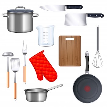 Kitchen utensils icons set with saucepan frying pan and knife realistic isolated Free Vector