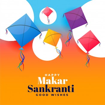 Kite festival makar sankranti wishes greeting card design Free Vector