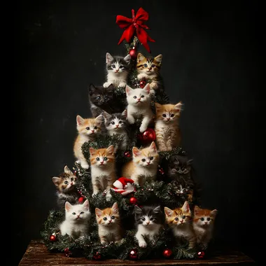 Kittens Sitting on Colorful Christmas Tree in Studio Vertical Photo Kittens Sitting on Colorful Christmas Tree in Studio Vertical Photo