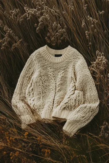 Knitted white sweater on Scottish Highland grass, overhead studio shot Knitted white sweater on Scottish Highland grass, overhead studio shot