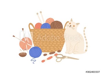 Knitting kit and cute cat flat vector illustration