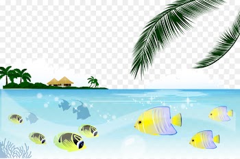 Koi Pufferfish Fishing - Vector cartoon fish painted seascape palm island 