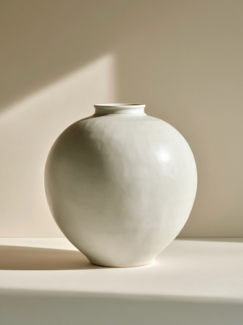 Korean White Porcelain Moon Jar in Minimalist Studio
