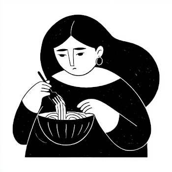 Kyrgyz Girl Enjoying Noodles - Minimalist Black and White Illustration
