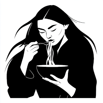 Kyrgyz Girl Enjoying Noodles - Stylized Black and White Illustration