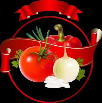 Label for a product (ketchup, sauce) with photo-realistic vector illustration of vegetables.