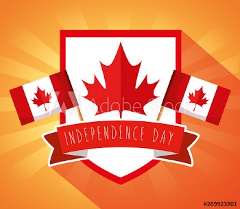 label of canada leaf and flag with ribbon