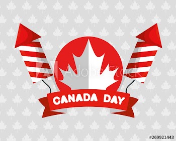 label of canada leaf with fireworks and ribbon decoration