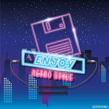 label of floppy nineties retro style of neon light design