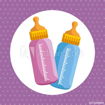 label of little boy and girl feeding bottle