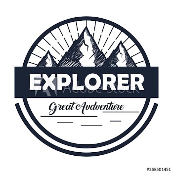 label of snowy mountains with ribbon to wanderlust travel