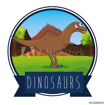 label of spinosaurus with volcano smoke and trees with ribbon