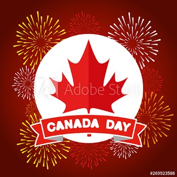 label with canada leaf with ribbon and fireworks
