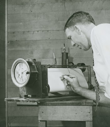 Lake Survey employee Jim Morris annotating water level gauge. 