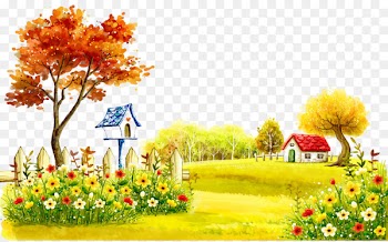 Landscape painting Theatrical scenery Illustration - Autumn village 