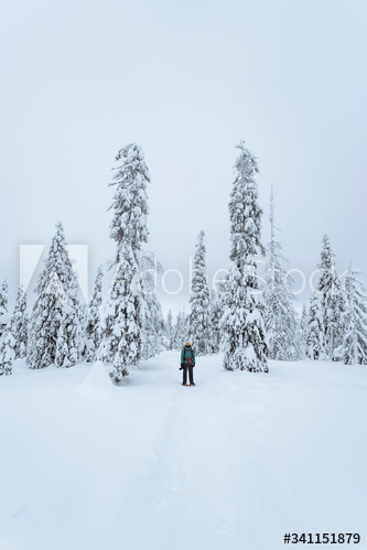 Landscape photographer trekking in a snowy Lapland, Finland
