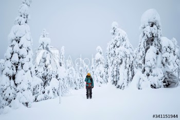 Landscape photographer trekking in a snowy Lapland, Finland
