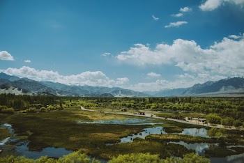 Landscape Photography of Field Across Mountains