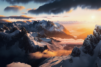 Landscape scene of snowy mountains with foggy sunset sky on the horizon