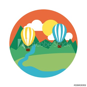 landscape scene with balloon air hot flat style icon