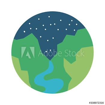 landscape scene with mountains and river flat style icon