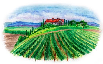 Landscape with house and vineyard, watercolor painting.