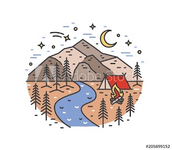 Landscape with tent and campfire in woods on river bank against beautiful mountains and night sky on background
