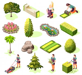 Landscaping set of isometric icons with elements green lawn trees and bushes isolated Free Vector