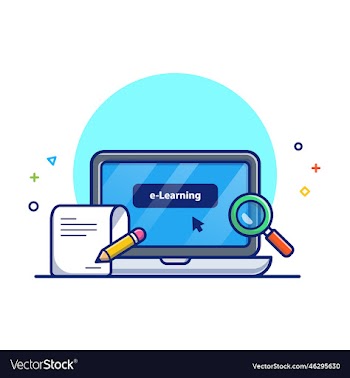 laptop magnifying glass paper and pencil cartoon