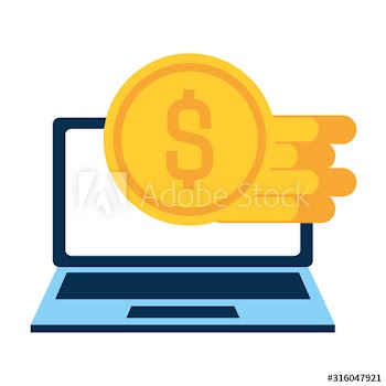 laptop screen with dollar coins icons