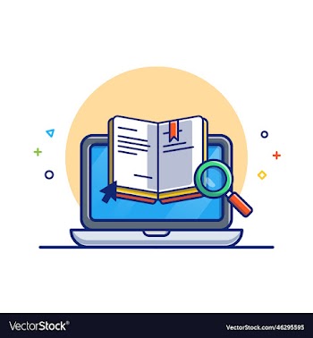 laptop text book and magnifying glass cartoon