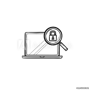 Laptop with magnifying glass and padlock hand drawn outline doodle icon