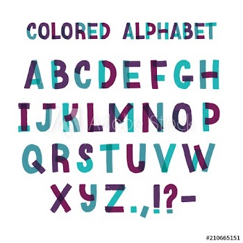 Latin font or decorative english alphabet made of green and purple adhesive tape