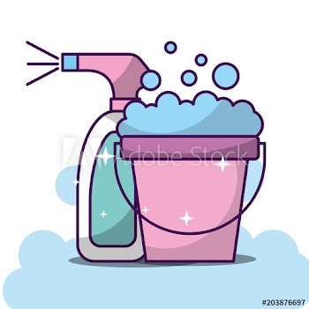 laundry cleaning bucket soap foam and spray bottle vector illustration