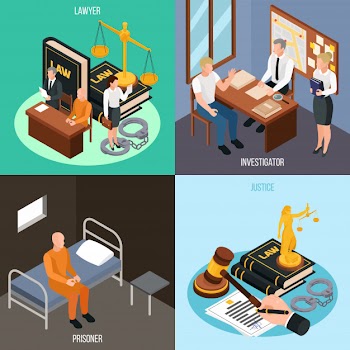 Law justice 4 isometric concept compositions with investigation convict prison cell court proceedings accessories isolated  illustration Free Vector