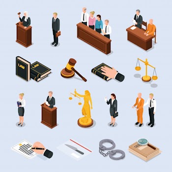 Law justice court characters accessories isometric icons set with convict judge attorney hand on bible  illustration Free Vector