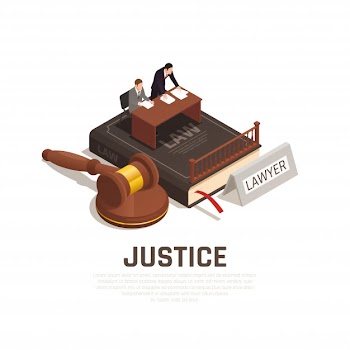 Law justice court proceedings isometric composition on civil code book with defense lawyer defendant mallet Free Vector