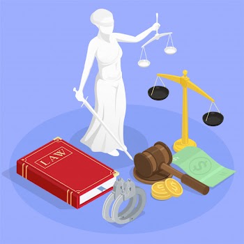 Law justice isometric composition with statue of themis book of law wristbands and other jurisdiction symbols  illustration Free Vector