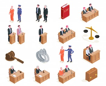 Law justice isometric icons collection of sixteen isolated images with human characters during sitting of court  illustration Free Vector