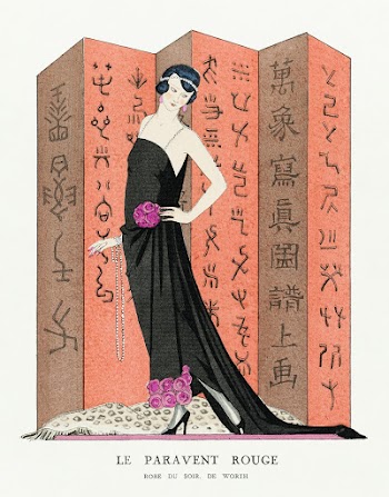 Le paravent rouge: Robe du soir, de Worth from Gazette du Bon Ton. Art &ndash; Modes & Frivolit&eacute;s: Famous Fashion Houses No. 10 Pl. 80 (1921) fashion illustration in high resolution by George Barbier. Original from The Rijksmuseum. Digitally enhanced by rawpixel.