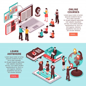 Learn anywhere horizontal banners promoting  studying on web courses in any point of world isometric Free Vector