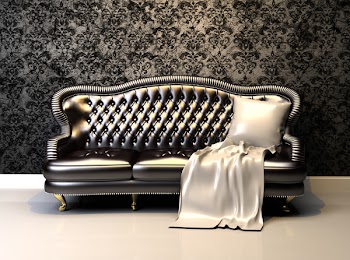 Leather sofa in interior with decoration wallpaper