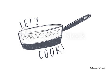 Let's Cook motivational phrase written with elegant font and decorated by colander