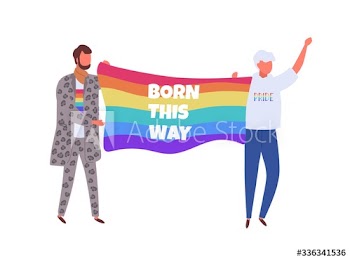 Lgbtq activists carrying rainbow flag with born this way inscription on it