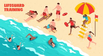 Lifeguard training horizontal  showing watching people who swim and saving drowning in water and on beach Free Vector