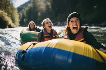 Lifejacket laughing vehicle tubing. AI | Free Photo - rawpixel