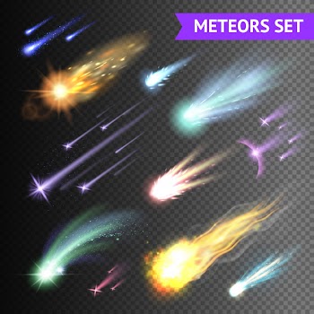 Light effects collection with comets meteors and fireballs isolated on transparent background Free Vector