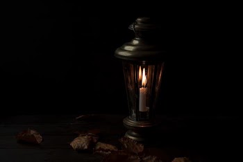 lighted lantern with dried leaves beside it