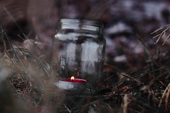 Lighted Red Tealight in Glass Mason Jar